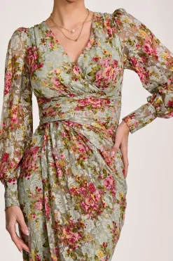Lace Long Sleeve Ruched Bodycon Dress, Green Floral