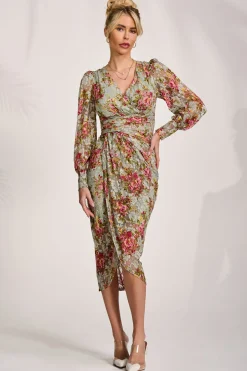Lace Long Sleeve Ruched Bodycon Dress, Green Floral