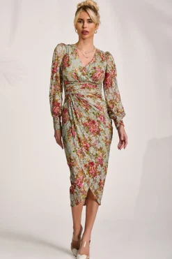 Lace Long Sleeve Ruched Bodycon Dress, Green Floral