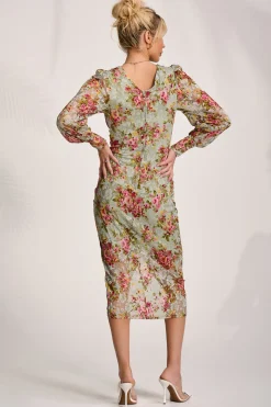 Lace Long Sleeve Ruched Bodycon Dress, Green Floral