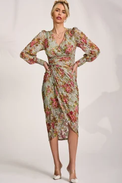 Lace Long Sleeve Ruched Bodycon Dress, Green Floral