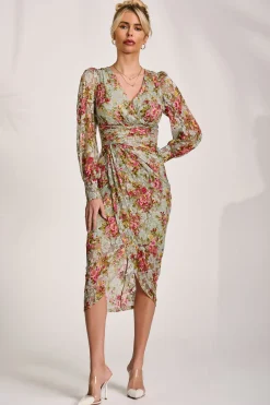 Lace Long Sleeve Ruched Bodycon Dress, Green Floral