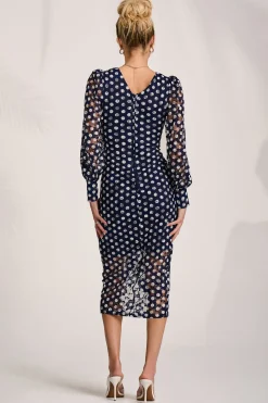 Lace Long Sleeve Ruched Bodycon Dress, Navy Polka Dot