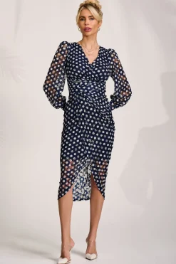 Lace Long Sleeve Ruched Bodycon Dress, Navy Polka Dot