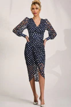Lace Long Sleeve Ruched Bodycon Dress, Navy Polka Dot