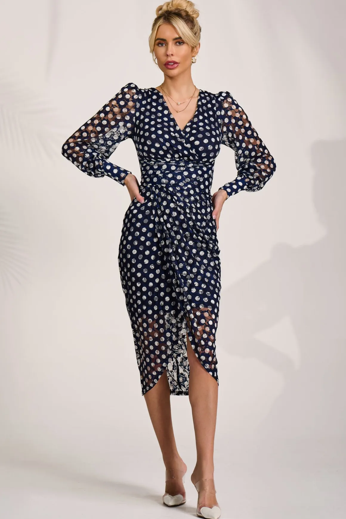 Lace Long Sleeve Ruched Bodycon Dress, Navy Polka Dot