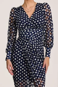 Lace Long Sleeve Ruched Bodycon Dress, Navy Polka Dot