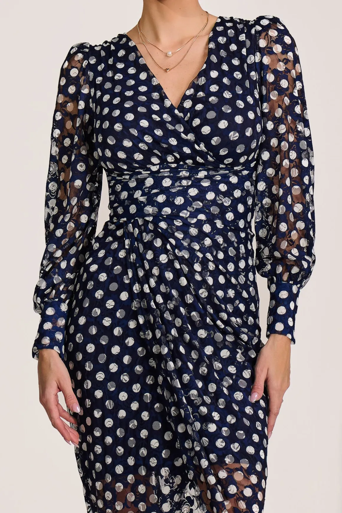Lace Long Sleeve Ruched Bodycon Dress, Navy Polka Dot