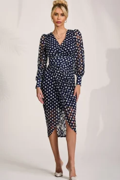 Lace Long Sleeve Ruched Bodycon Dress, Navy Polka Dot