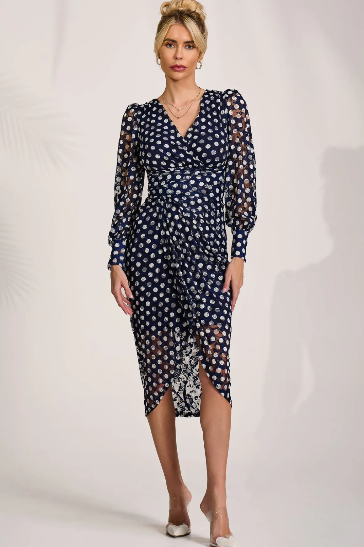 Lace Long Sleeve Ruched Bodycon Dress, Navy Polka Dot