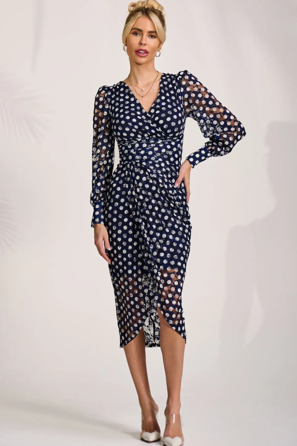 Lace Long Sleeve Ruched Bodycon Dress, Navy Polka Dot