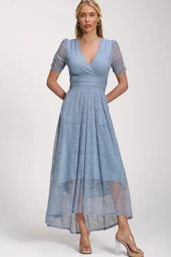 Lace Ruched Sleeve Dip Hem Maxi Dress, Blue Aura