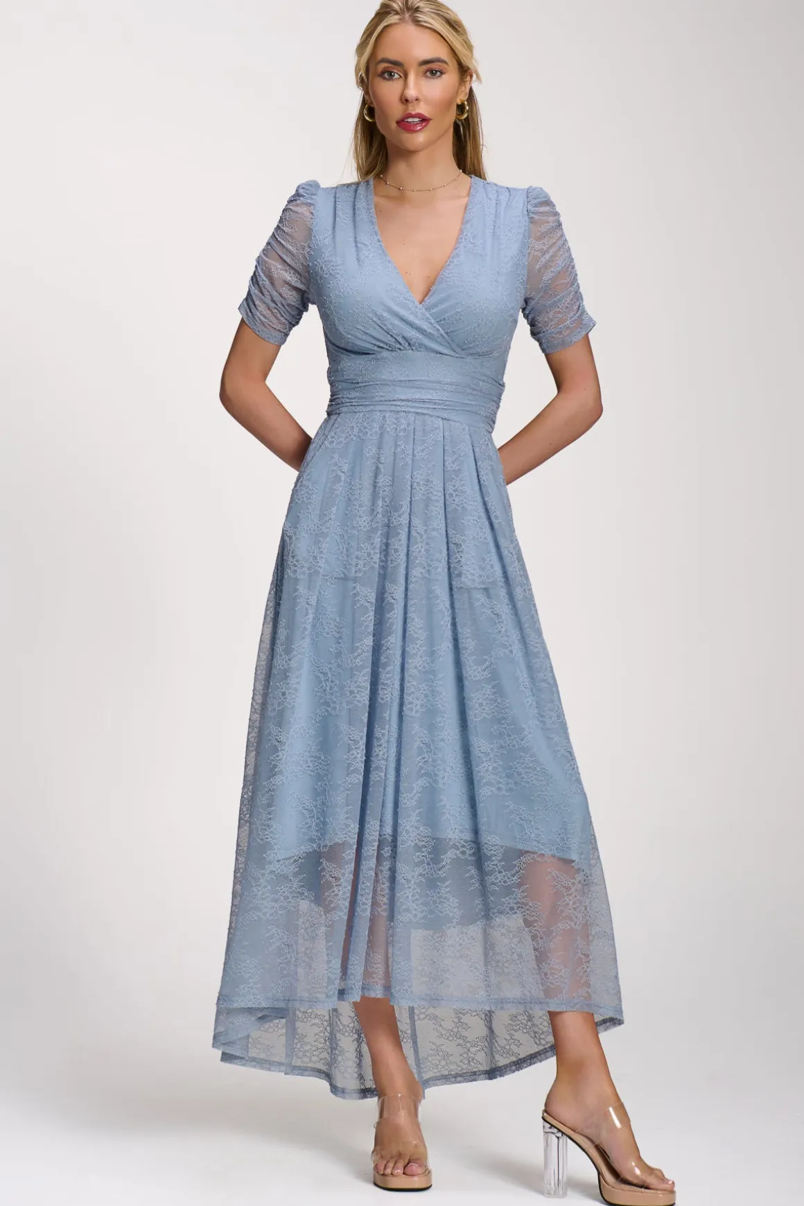 Lace Ruched Sleeve Dip Hem Maxi Dress, Blue Aura