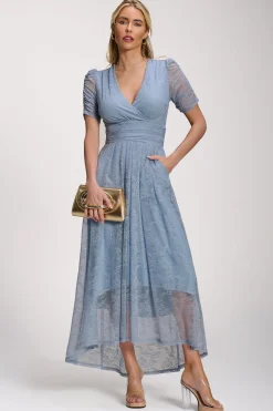 Lace Ruched Sleeve Dip Hem Maxi Dress, Blue Aura
