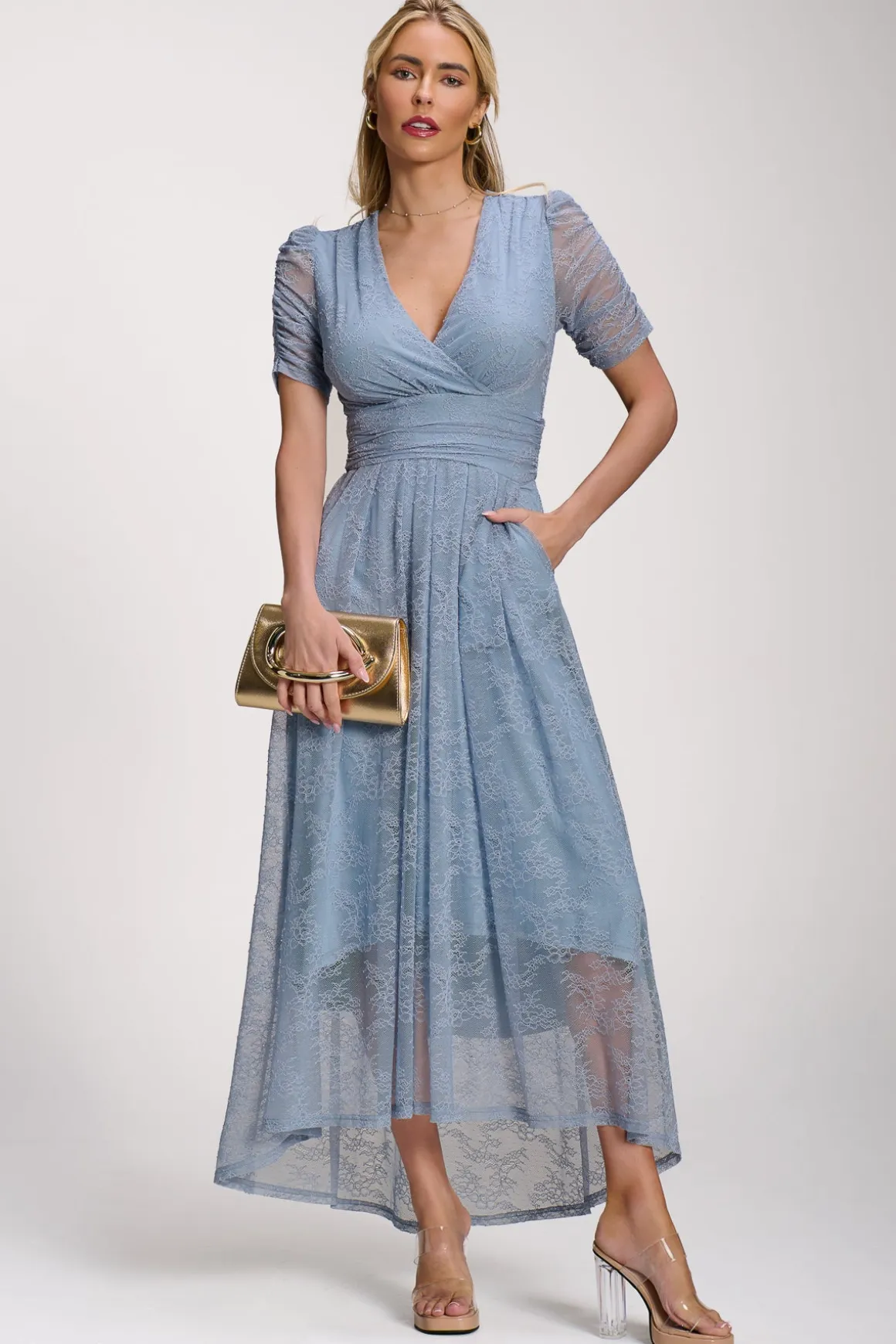 Lace Ruched Sleeve Dip Hem Maxi Dress, Blue Aura