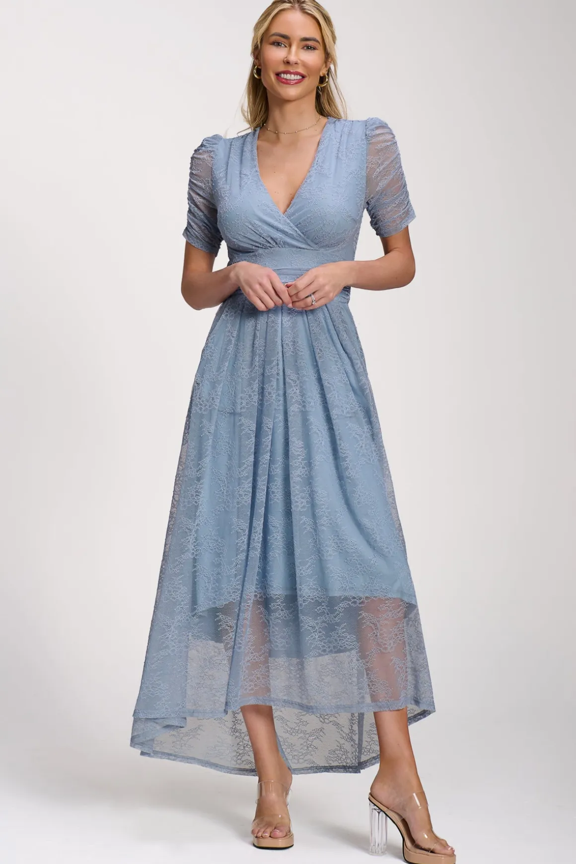 Lace Ruched Sleeve Dip Hem Maxi Dress, Blue Aura