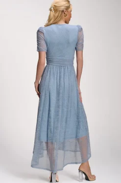 Lace Ruched Sleeve Dip Hem Maxi Dress, Blue Aura