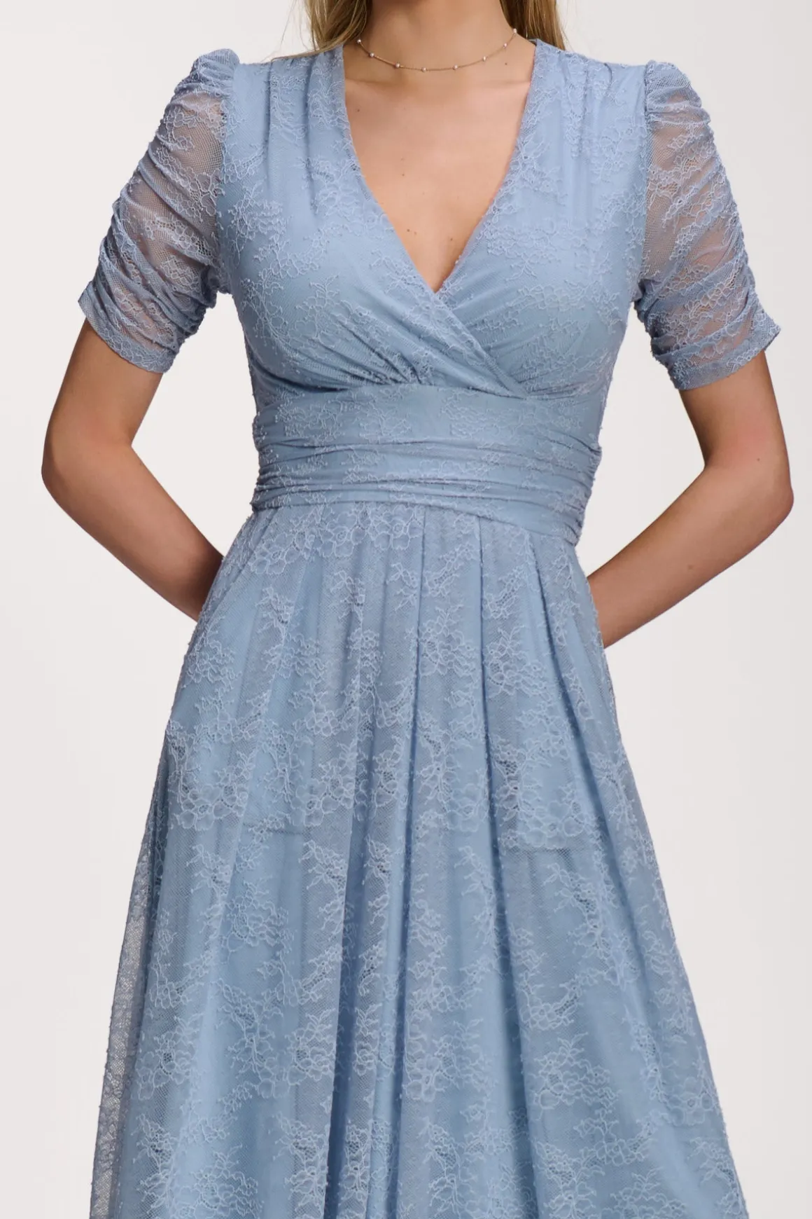 Lace Ruched Sleeve Dip Hem Maxi Dress, Blue Aura