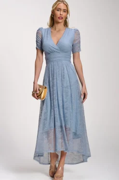 Lace Ruched Sleeve Dip Hem Maxi Dress, Blue Aura