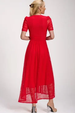Lace Ruched Sleeve Dip Hem Maxi Dress, Scarlet Red