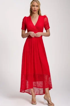 Lace Ruched Sleeve Dip Hem Maxi Dress, Scarlet Red