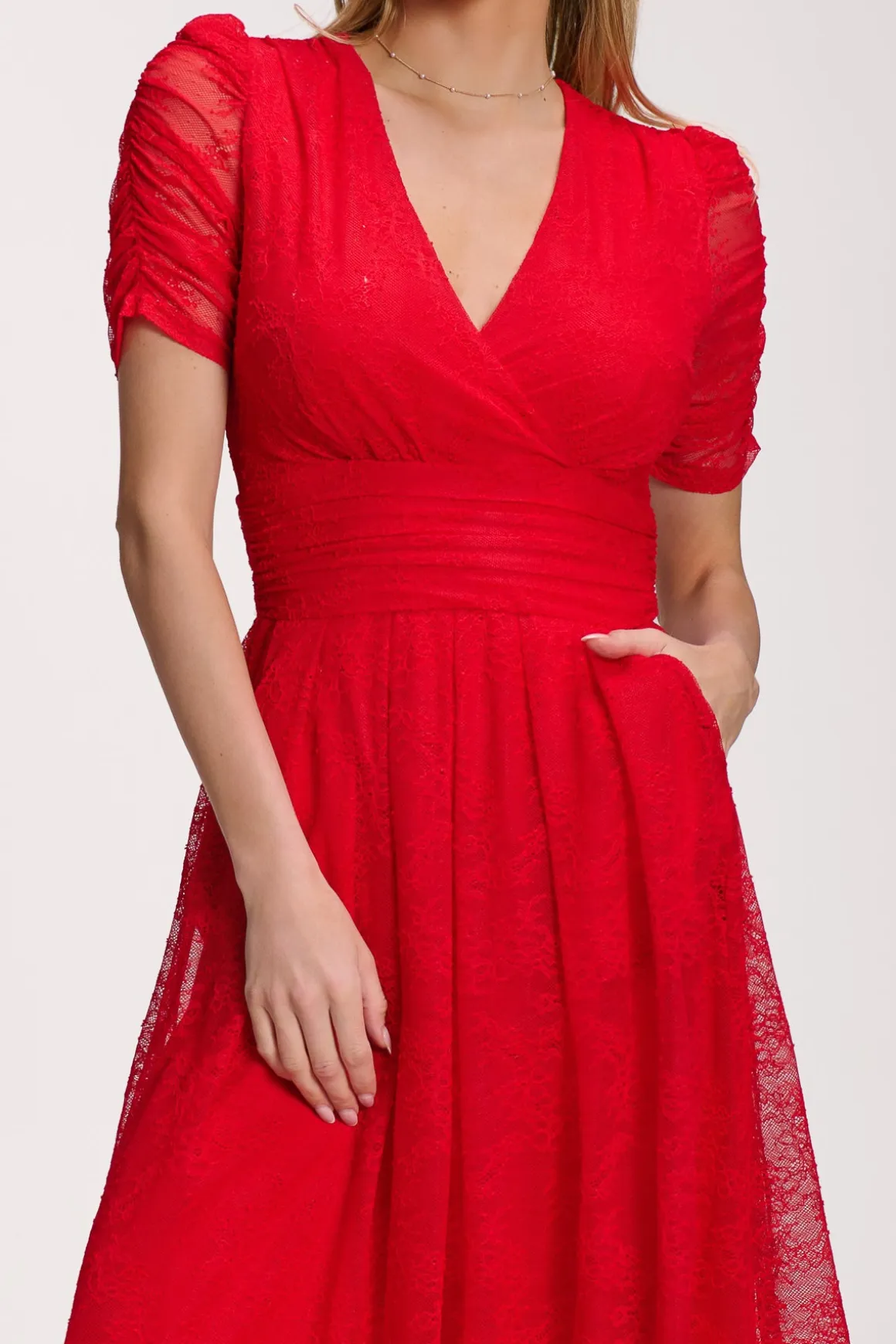 Lace Ruched Sleeve Dip Hem Maxi Dress, Scarlet Red