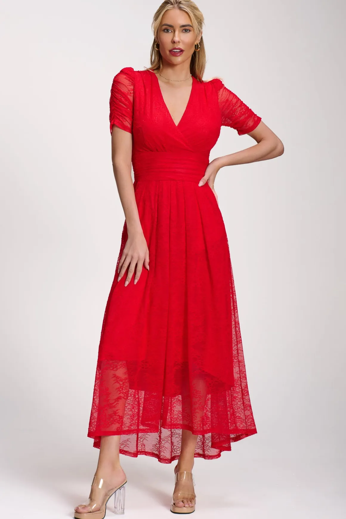 Lace Ruched Sleeve Dip Hem Maxi Dress, Scarlet Red