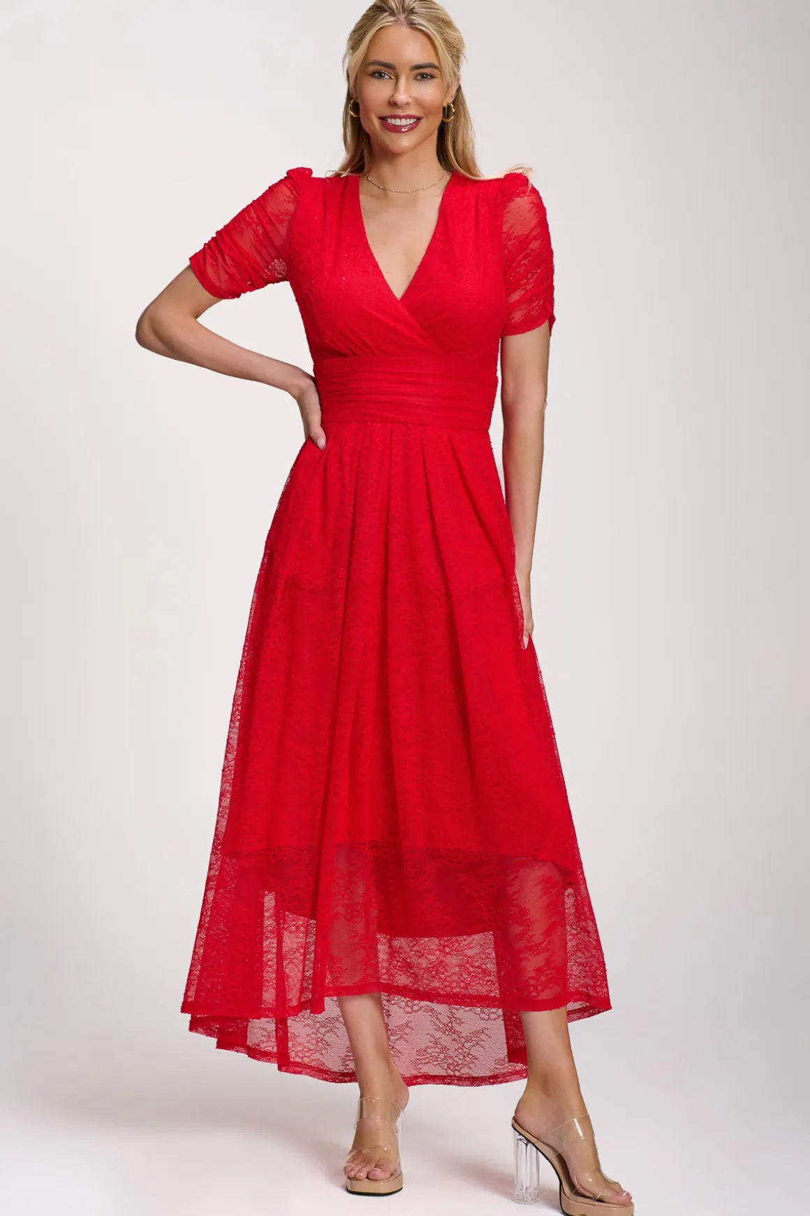 Lace Ruched Sleeve Dip Hem Maxi Dress, Scarlet Red