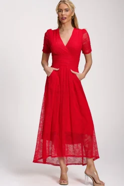 Lace Ruched Sleeve Dip Hem Maxi Dress, Scarlet Red
