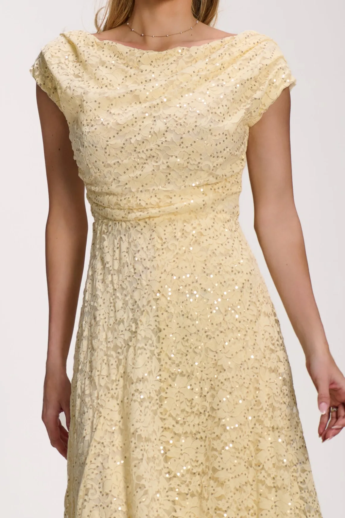 Lace Sequin Embellished Midi Dress, Butter Yellow