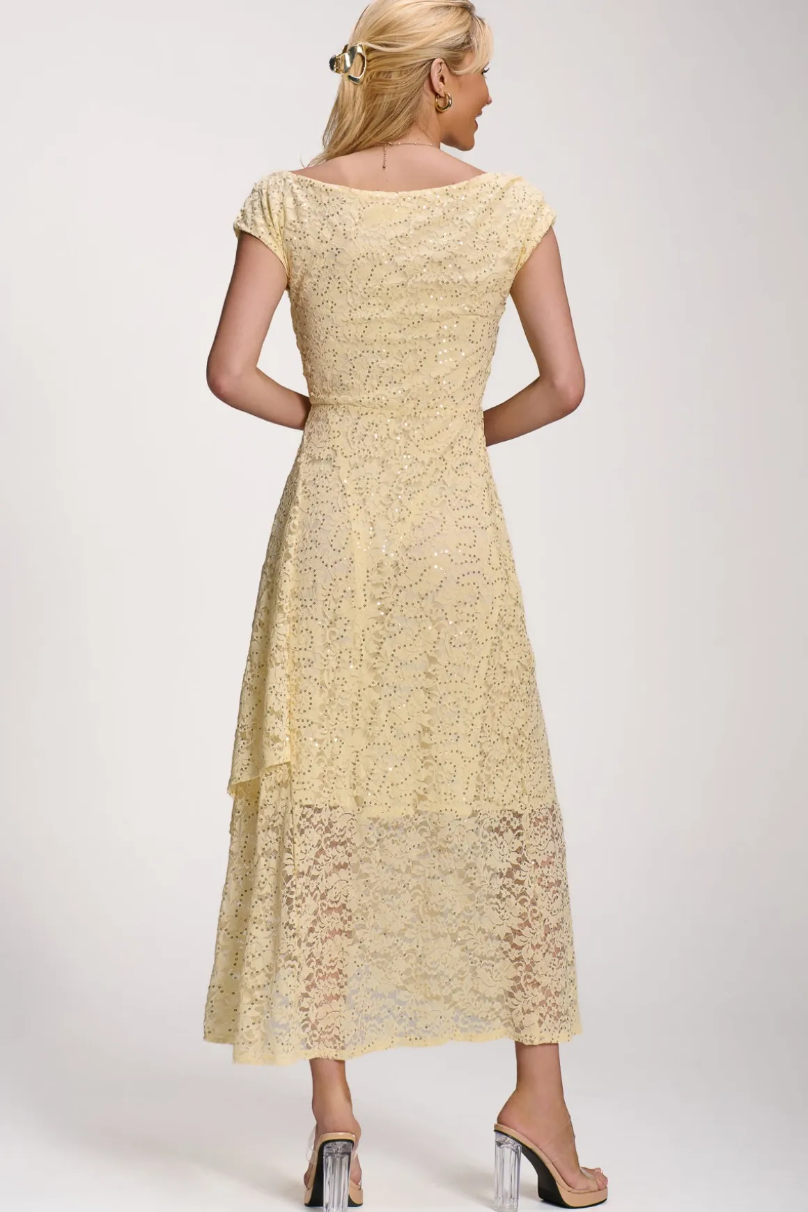 Lace Sequin Embellished Midi Dress, Butter Yellow