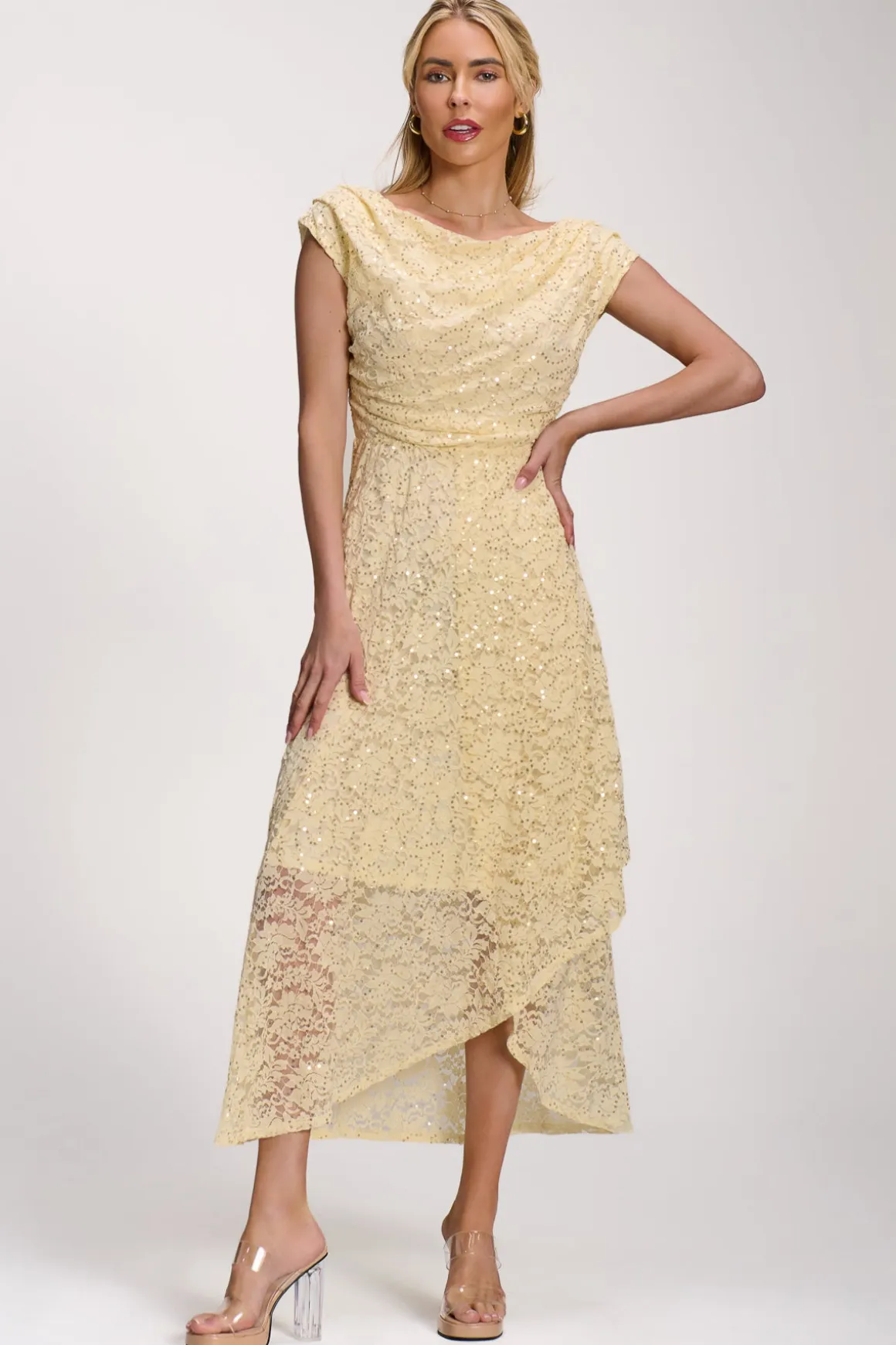 Lace Sequin Embellished Midi Dress, Butter Yellow
