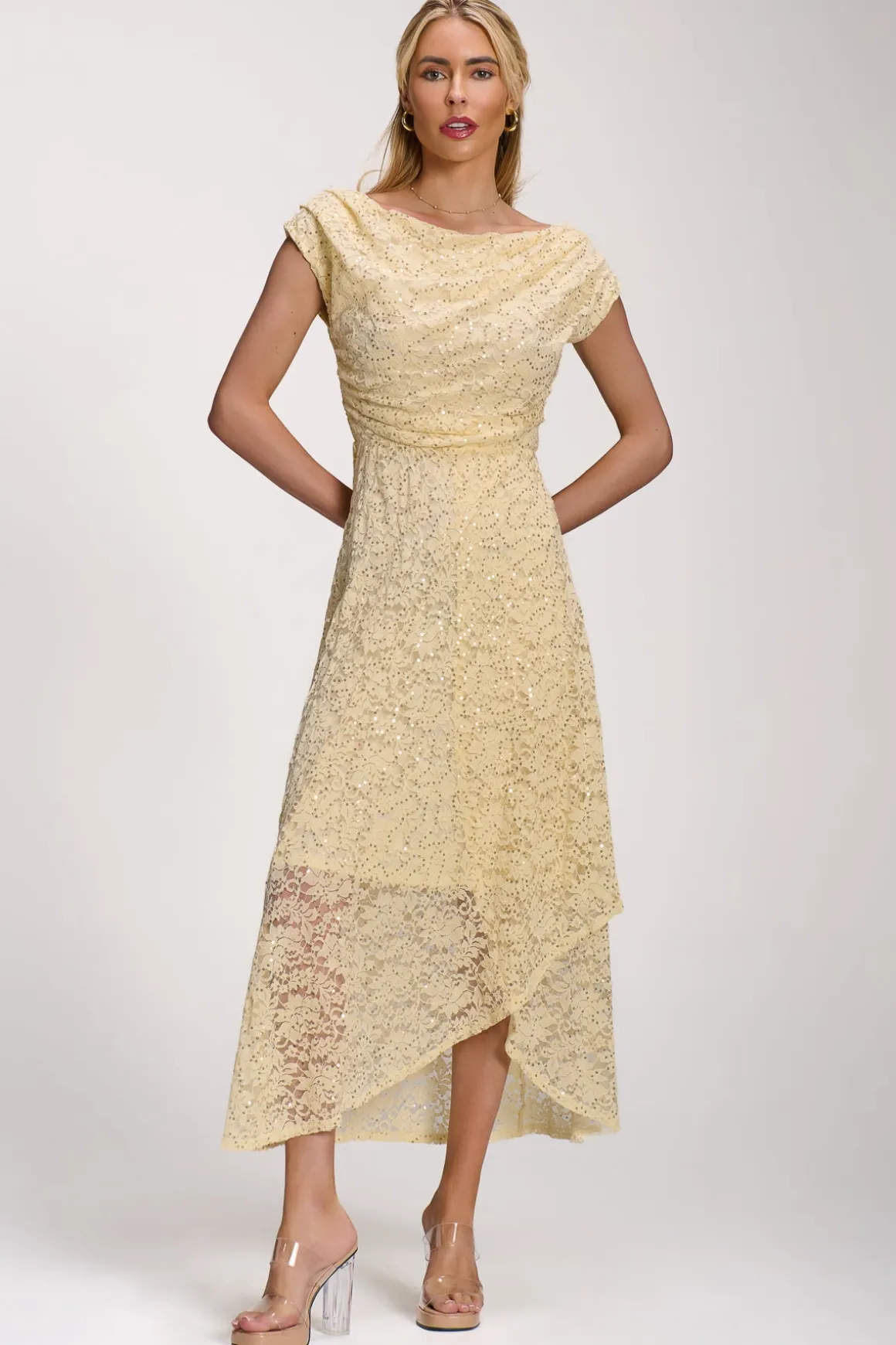 Lace Sequin Embellished Midi Dress, Butter Yellow