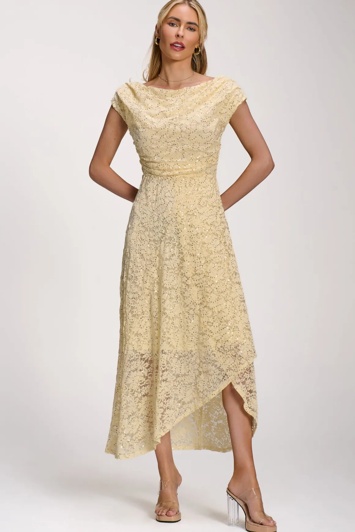 Lace Sequin Embellished Midi Dress, Butter Yellow
