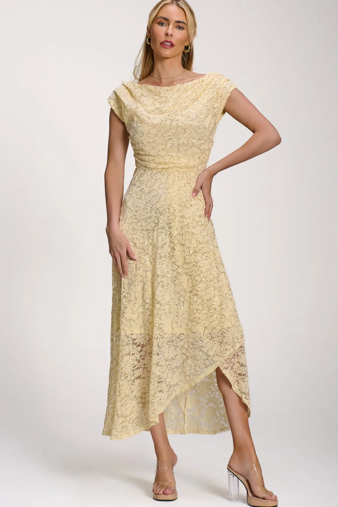 Lace Sequin Embellished Midi Dress, Butter Yellow