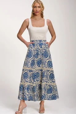 Lace Trim Tiered Maxi Skirt, Blue Paisley