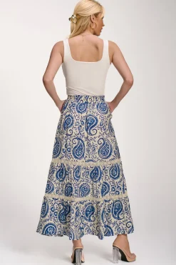Lace Trim Tiered Maxi Skirt, Blue Paisley