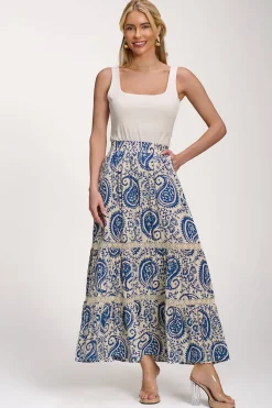 Lace Trim Tiered Maxi Skirt, Blue Paisley