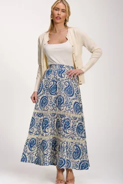 Lace Trim Tiered Maxi Skirt, Blue Paisley