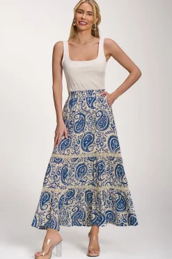 Lace Trim Tiered Maxi Skirt, Blue Paisley