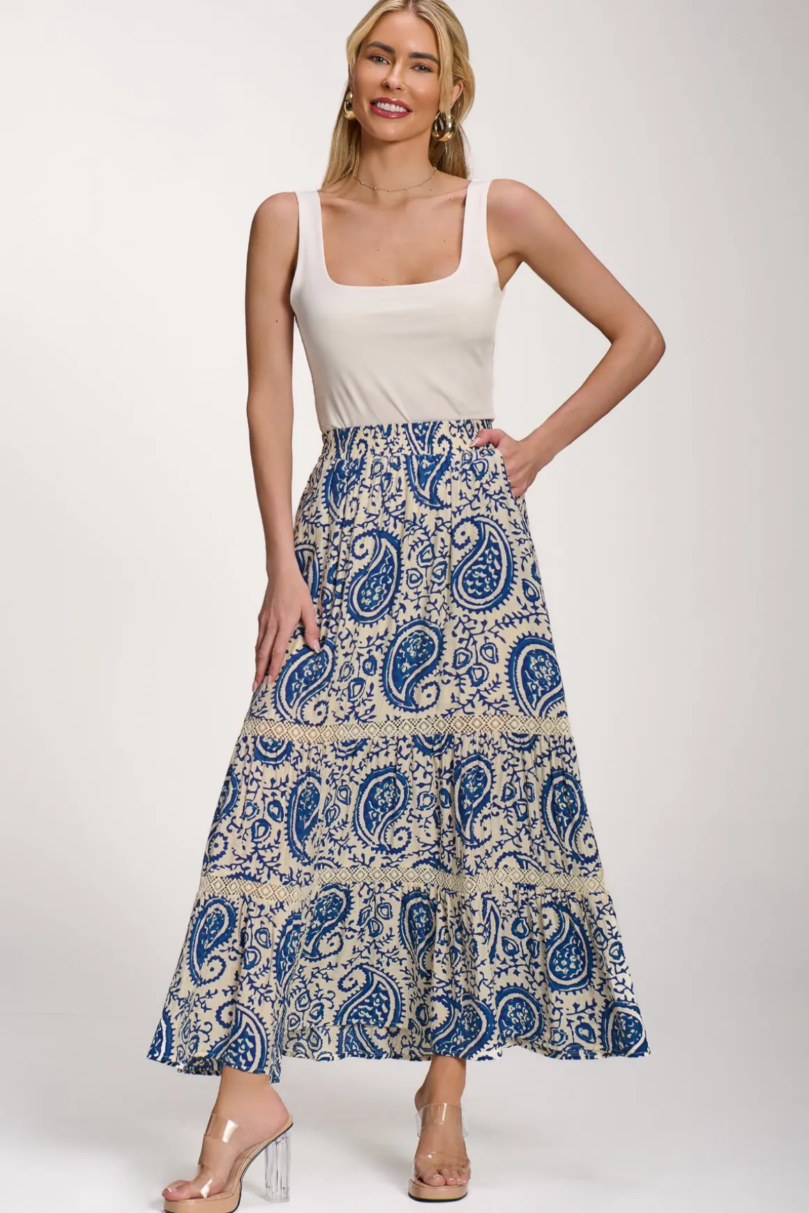 Lace Trim Tiered Maxi Skirt, Blue Paisley