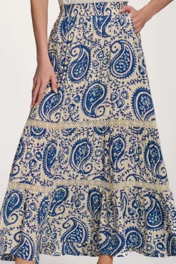Lace Trim Tiered Maxi Skirt, Blue Paisley