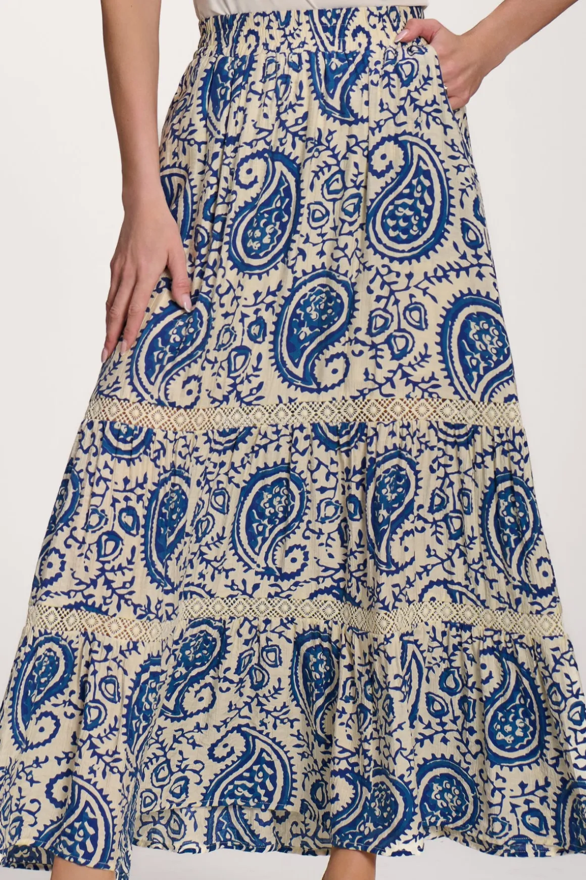 Lace Trim Tiered Maxi Skirt, Blue Paisley