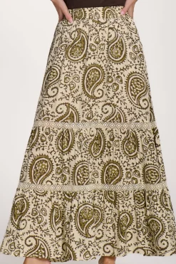Lace Trim Tiered Maxi Skirt, Khaki Paisley