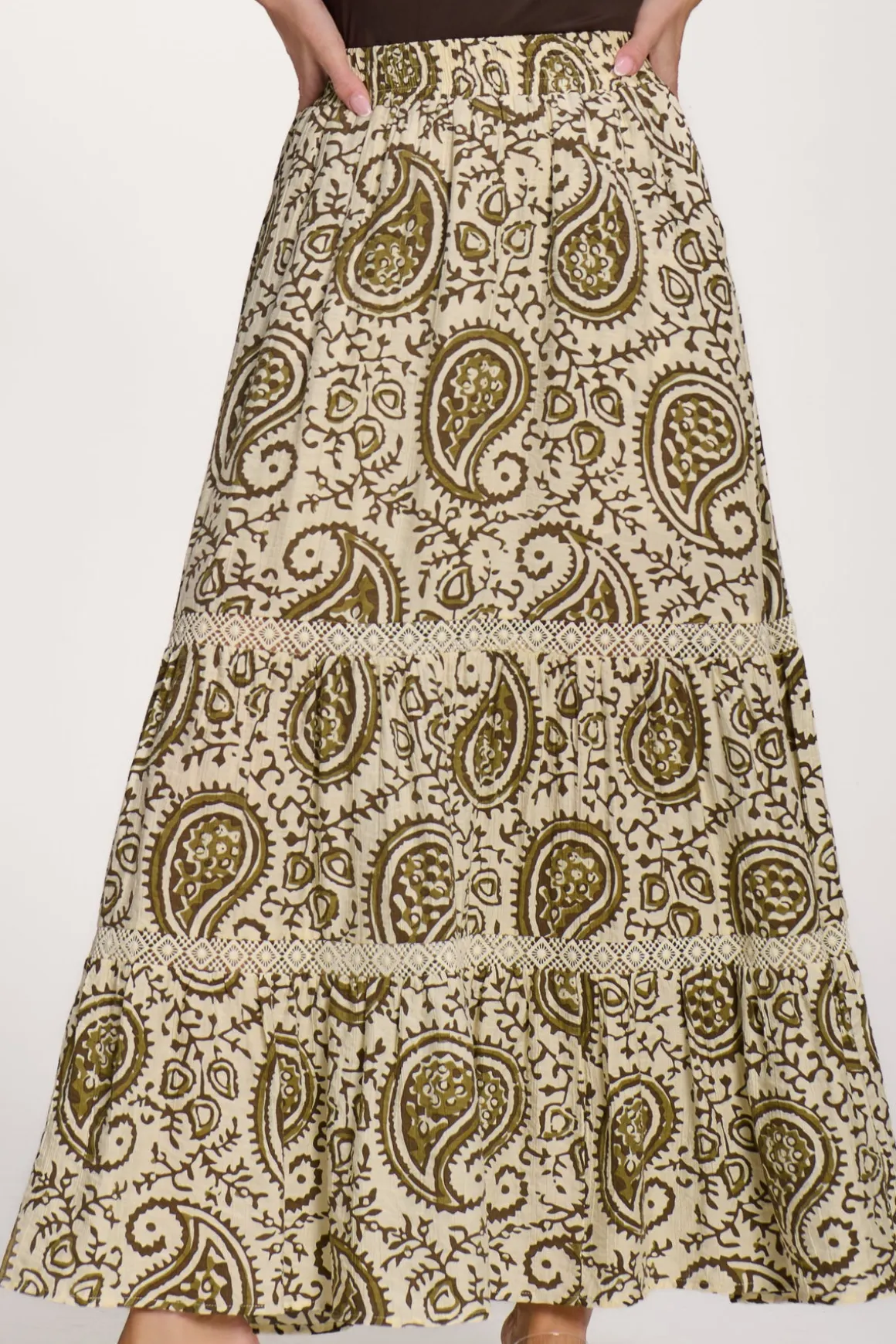 Lace Trim Tiered Maxi Skirt, Khaki Paisley