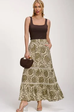 Lace Trim Tiered Maxi Skirt, Khaki Paisley