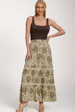 Lace Trim Tiered Maxi Skirt, Khaki Paisley