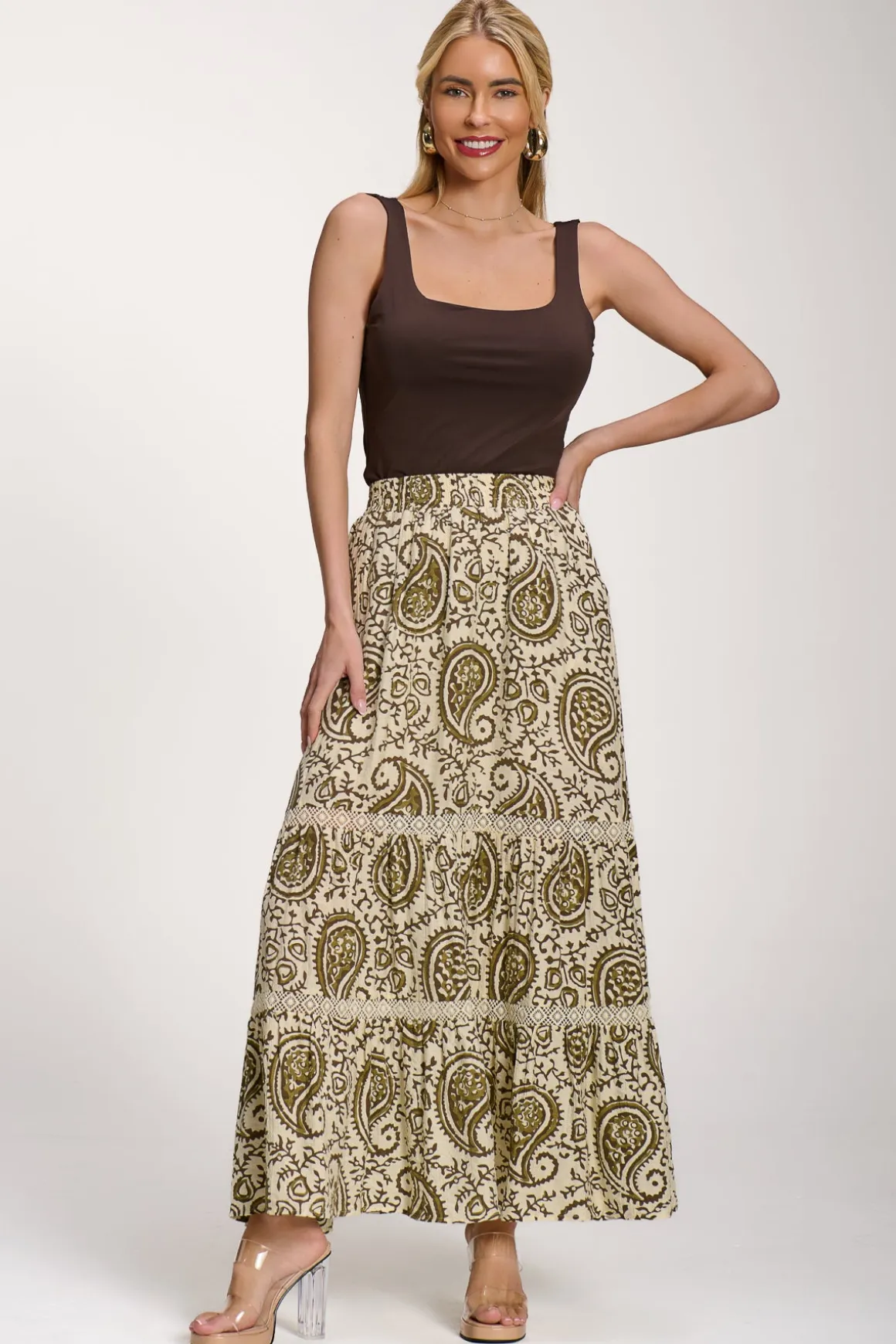 Lace Trim Tiered Maxi Skirt, Khaki Paisley