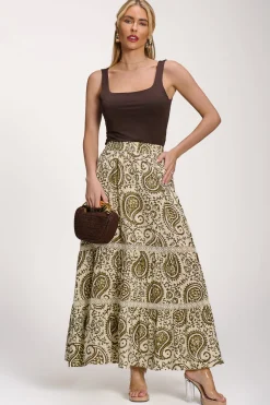 Lace Trim Tiered Maxi Skirt, Khaki Paisley