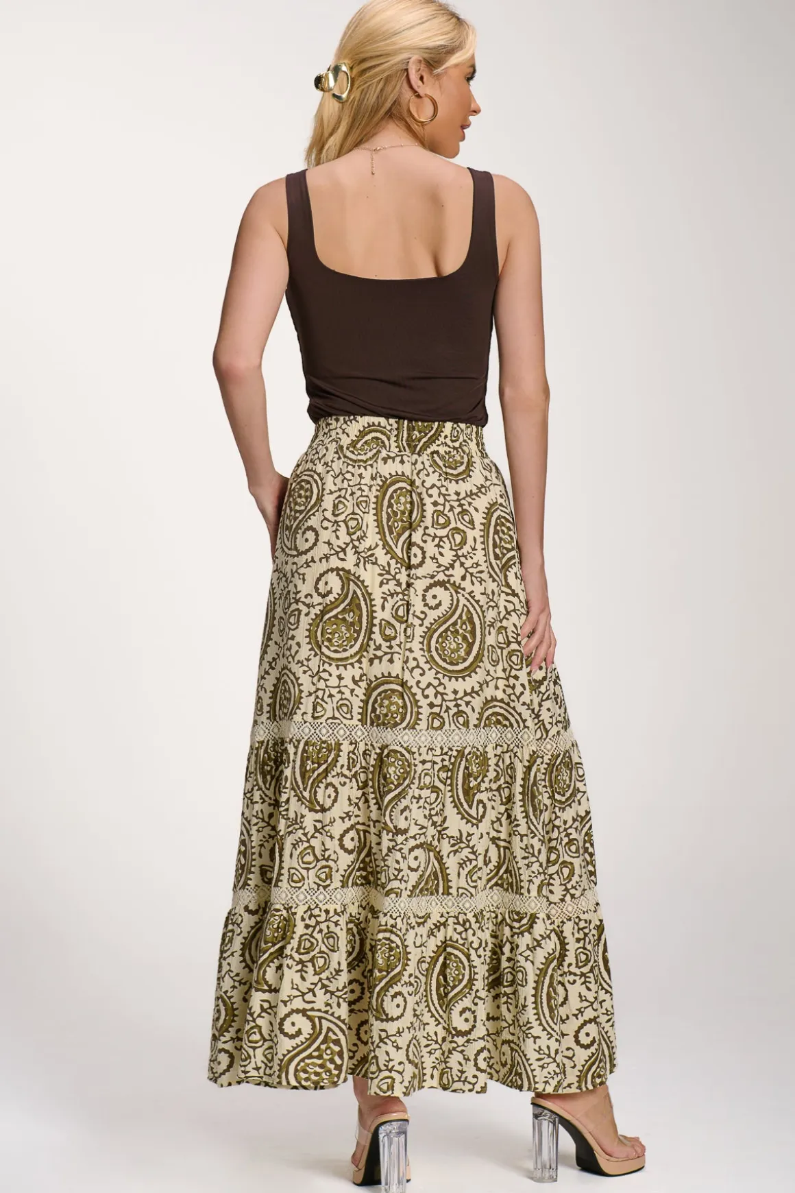 Lace Trim Tiered Maxi Skirt, Khaki Paisley